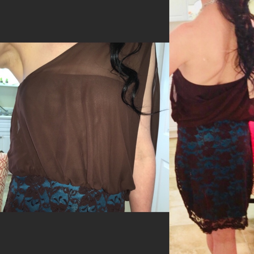 Brown & Turquoise Lace One Shoulder Dress Boutique